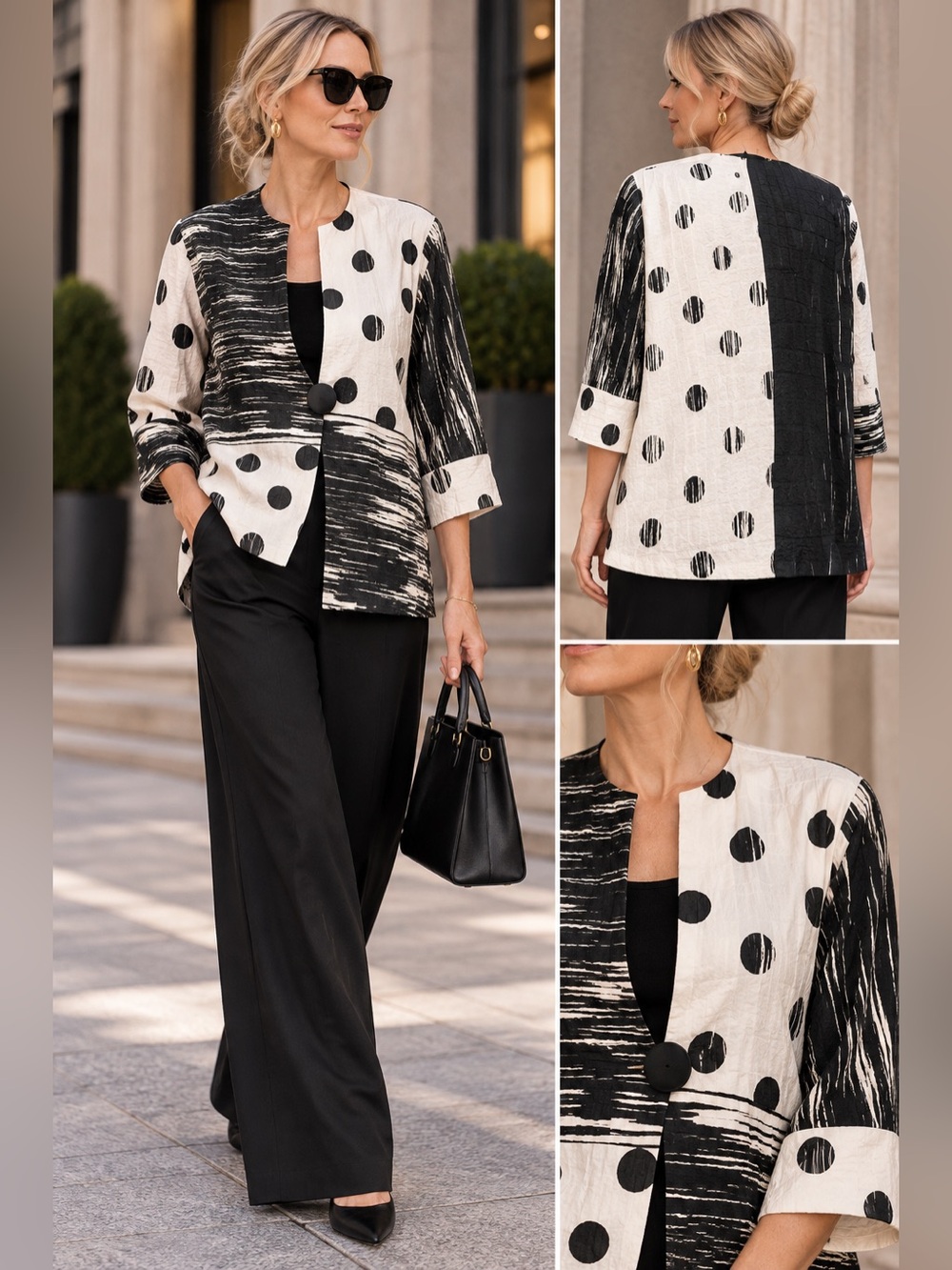 Joseph Ribkoff Black & White Patchwork Polka Dot Blazer Jacket Made in Canada 🇨🇦